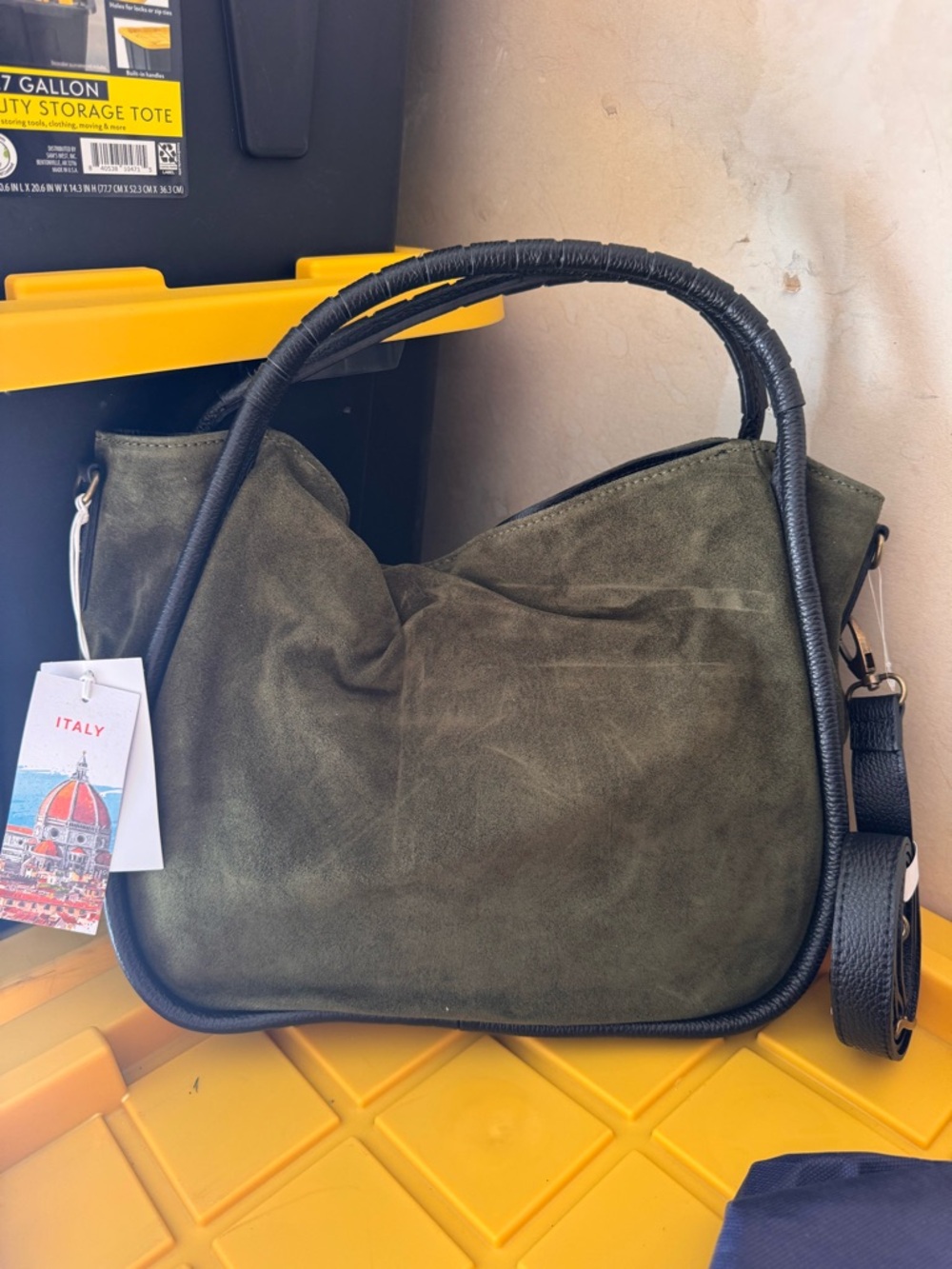 Olive Green Suede Crossbody Bag with Black Trim